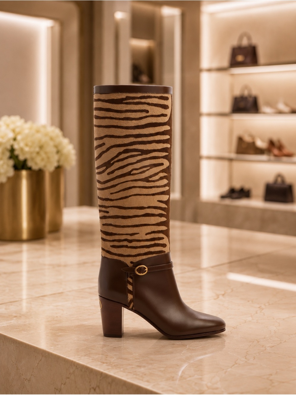 Valentino Garavani Pattie Knee-High Boots Zebra Calf Hair 36.5 NEW